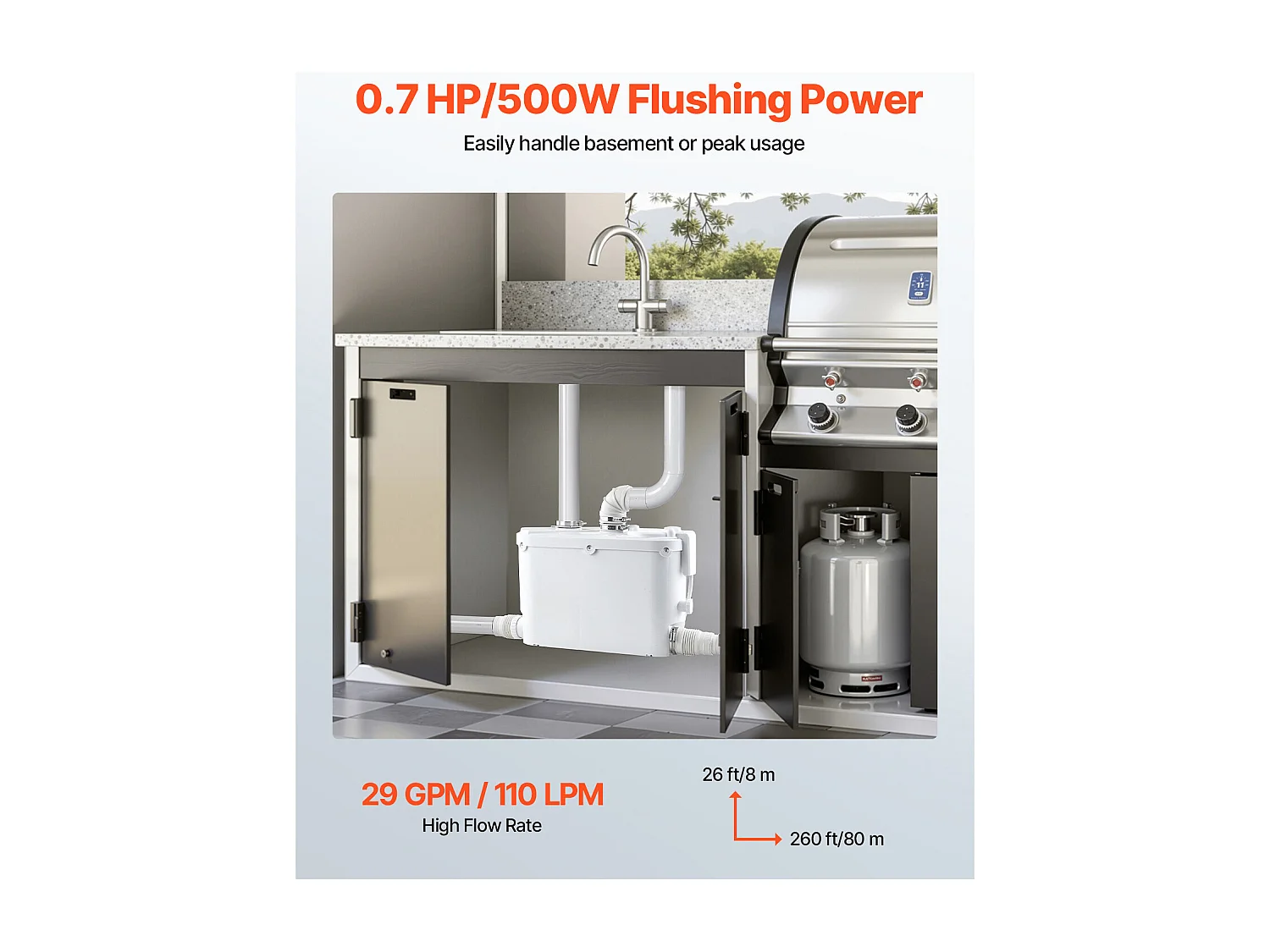 Pompe de Macération pour Évier de Cuisine 500 W, Débit 110 L/min, Hauteur 8 m, Idéale pour Évacuation des Eaux Usées de Cuisine, Sous-Sol, Douche, Évier