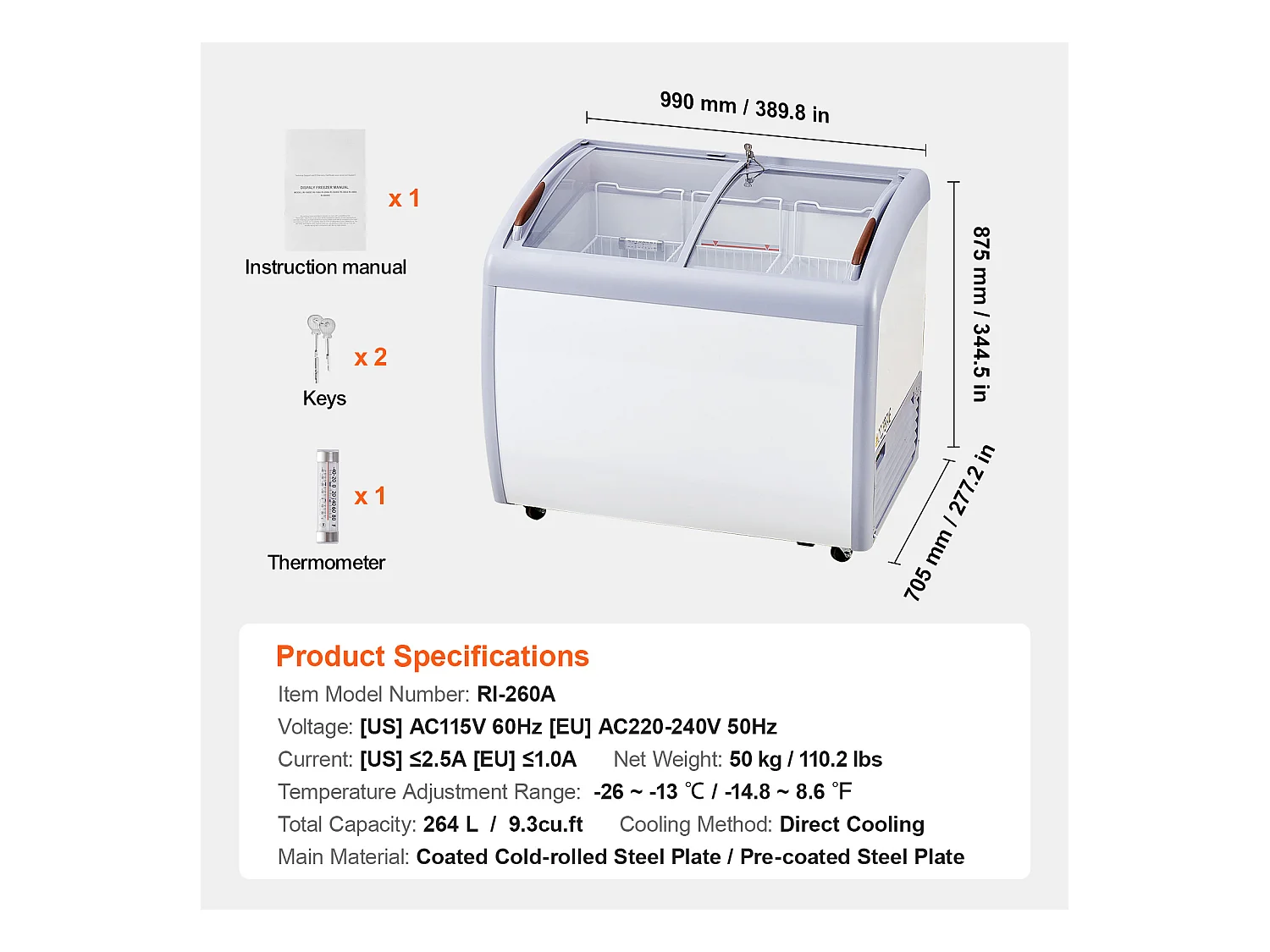 Vitrine Réfrigérée à Crème Glacée SucceBuy Vitrine à Glaces Gelato Commerciale 264L
