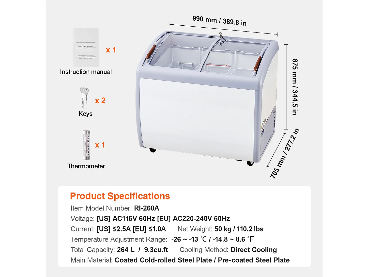 Vitrine Réfrigérée à Crème Glacée SucceBuy Vitrine à Glaces Gelato Commerciale 264L