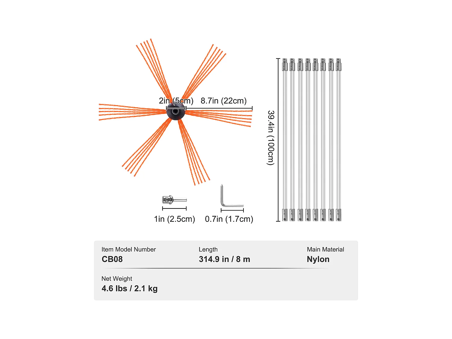 Brosse de Cheminée Kit  SucceBuy, 66 cm, Brosse Rotative avec 8 Tiges en Nylon, Convient aux Tuyaux