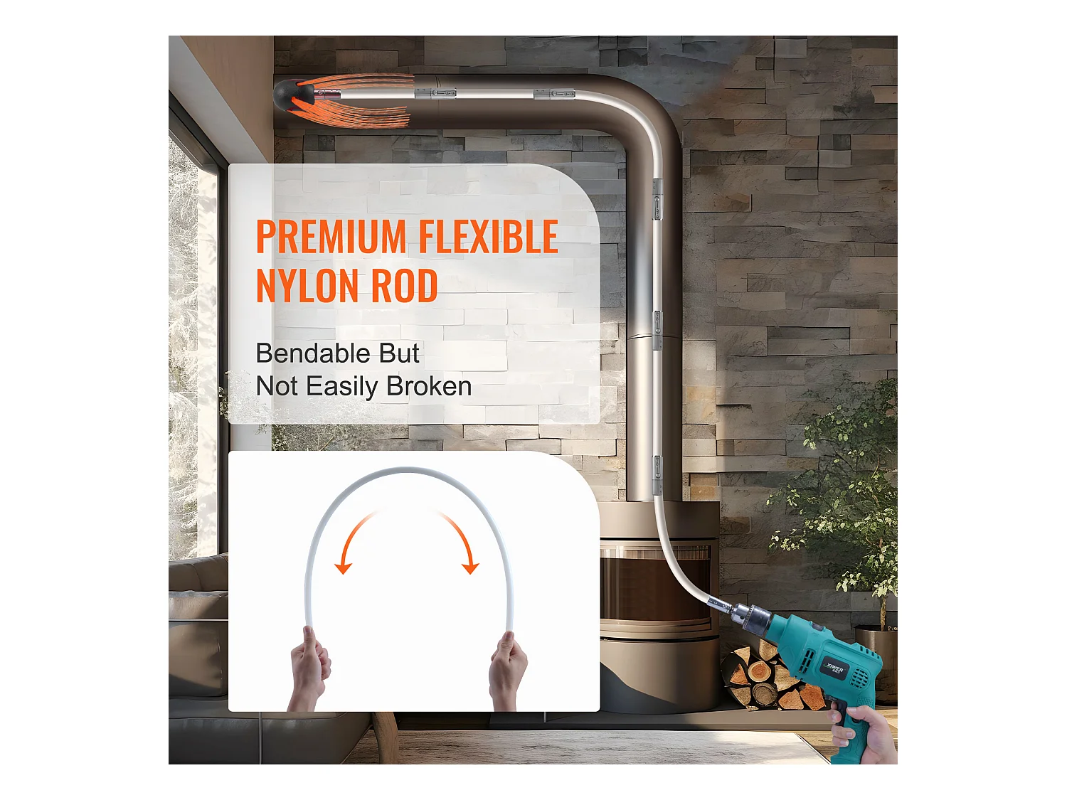 Brosse de Cheminée Kit  SucceBuy, 66 cm, Brosse Rotative avec 8 Tiges en Nylon, Convient aux Tuyaux