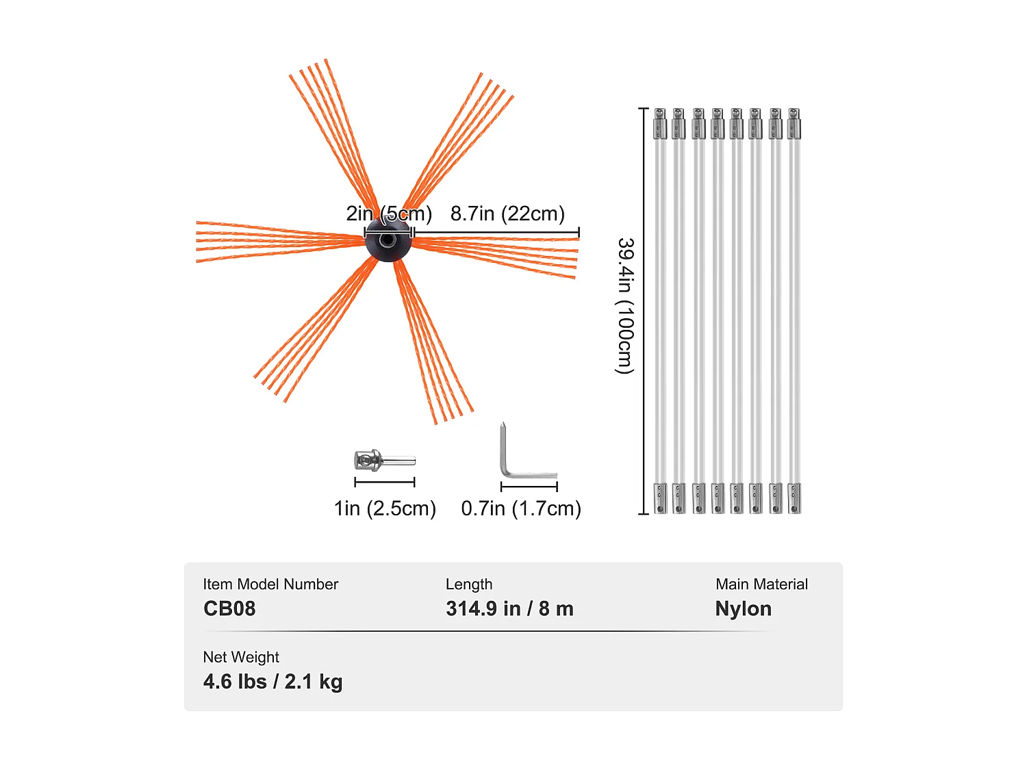 Brosse de Cheminée Kit  SucceBuy, 66 cm, Brosse Rotative avec 8 Tiges en Nylon, Convient aux Tuyaux