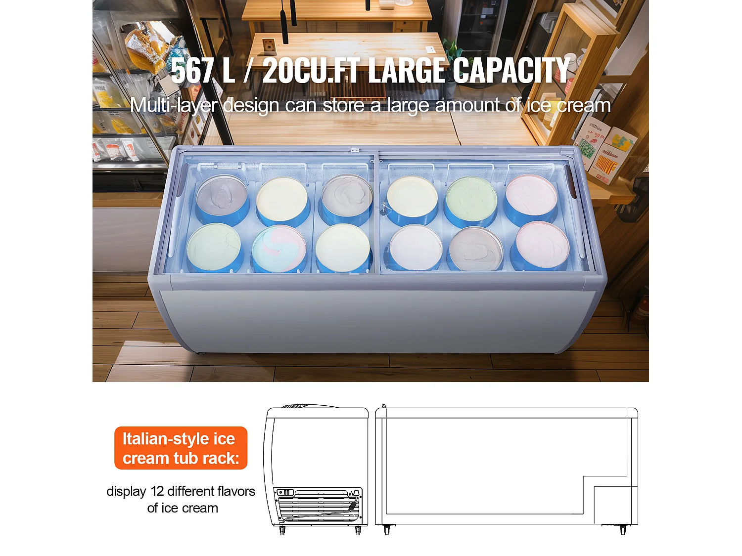 Vitrine Réfrigérée à Crème Glacée SucceBuy Vitrine à Glaces Gelato Commerciale 370L