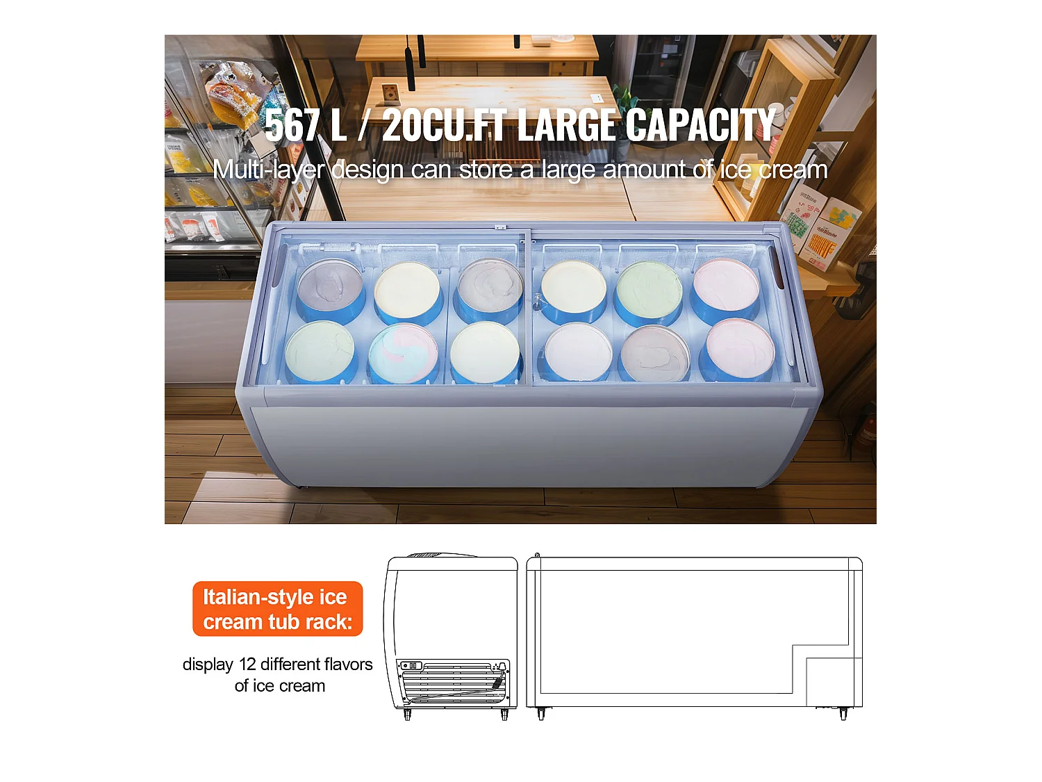 Vitrine Réfrigérée à Crème Glacée SucceBuy Vitrine à Glaces Gelato Commerciale 567L