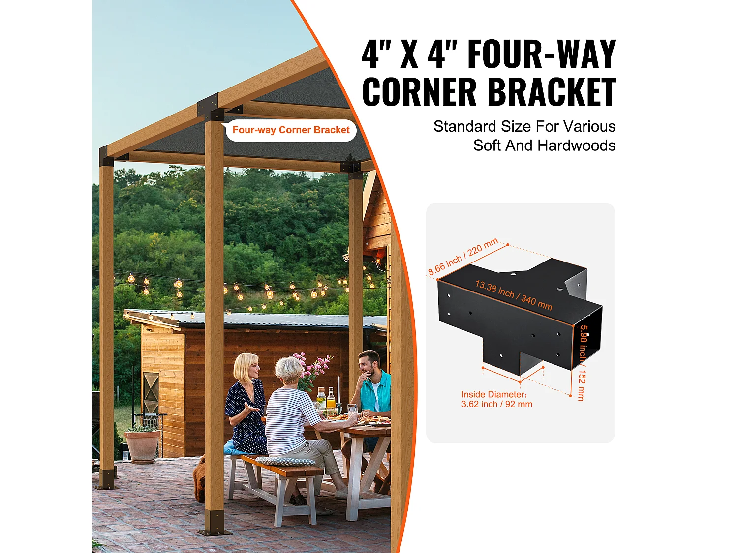 Kit de Support de Pergola SucceBuy 10.16 x 10.16cm 3,6x3,6 Intérieur, 4 Voies pour Menuiserie DIY