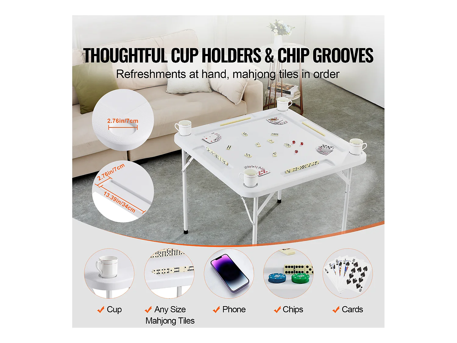 Table de Mahjong Pliable SucceBuy pour 4 Joueurs, Table à Cartes et 4 Porte-Gobelets avec Plateaux à Jetons, Blanc