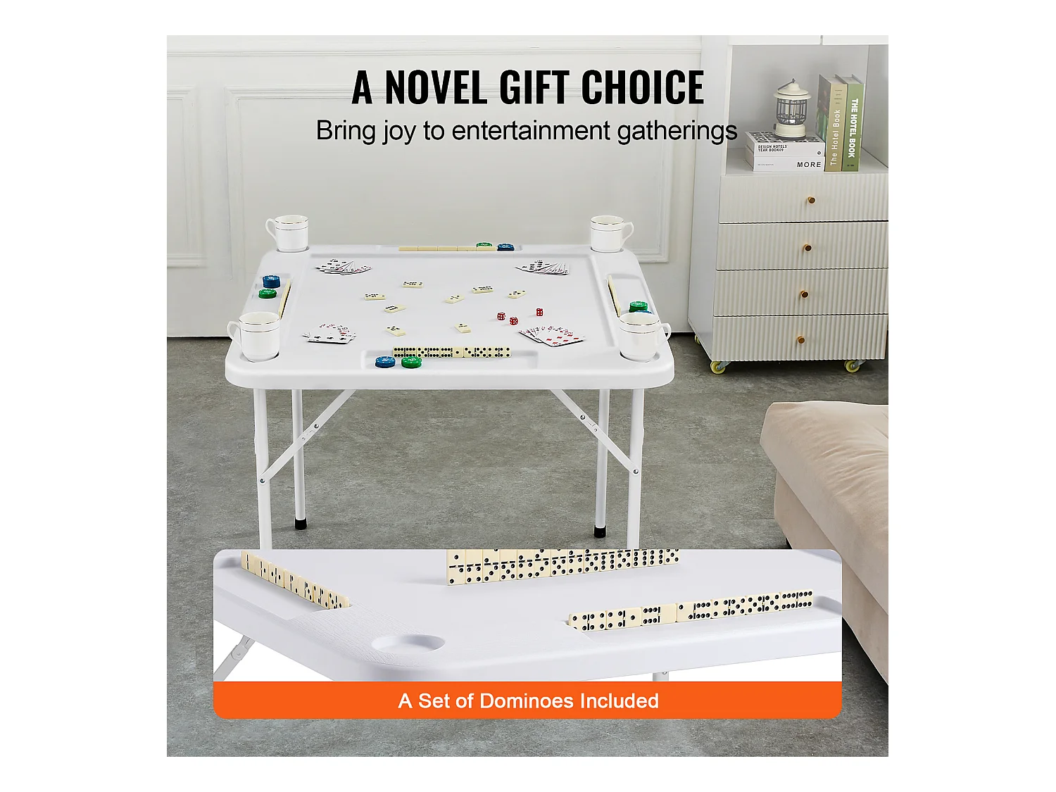 Table de Mahjong Pliable SucceBuy pour 4 Joueurs, Table à Cartes et 4 Porte-Gobelets avec Plateaux à Jetons, Blanc