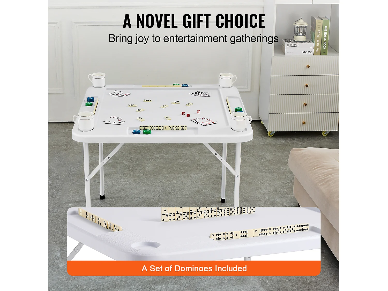 Table de Mahjong Pliable SucceBuy pour 4 Joueurs, Table à Cartes et 4 Porte-Gobelets avec Plateaux à Jetons, Blanc