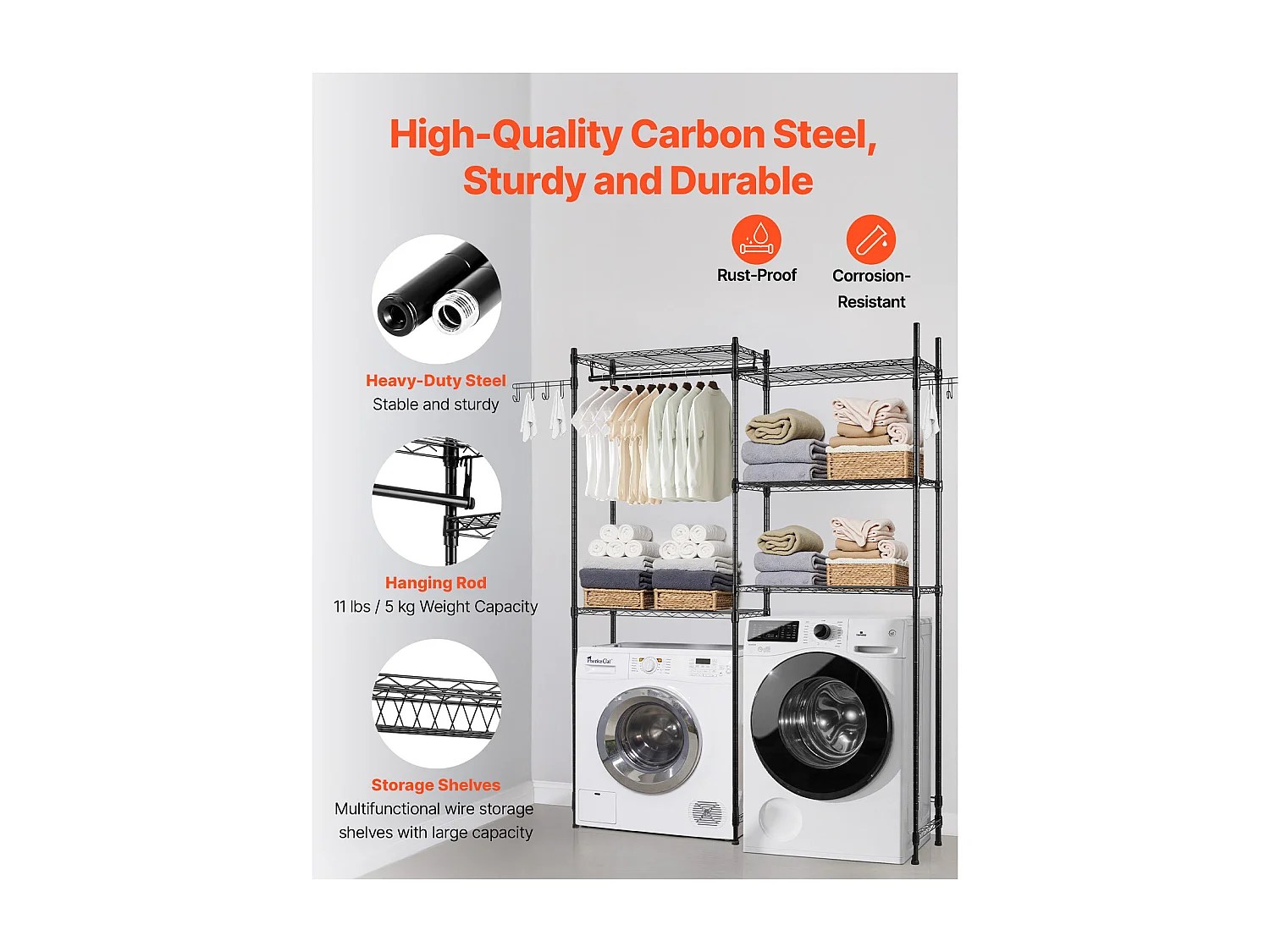 Prateleira de Arrumação SucceBuy, para Máquina de Lavar e Secar Roupa, com 5 Níveis, Preta