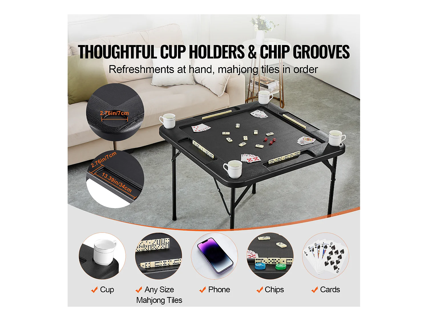 Table de Mahjong Pliable SucceBuy pour 4 Joueurs, Table à Cartes et 4 Porte-Gobelets avec Plateaux à Jetons, Noir