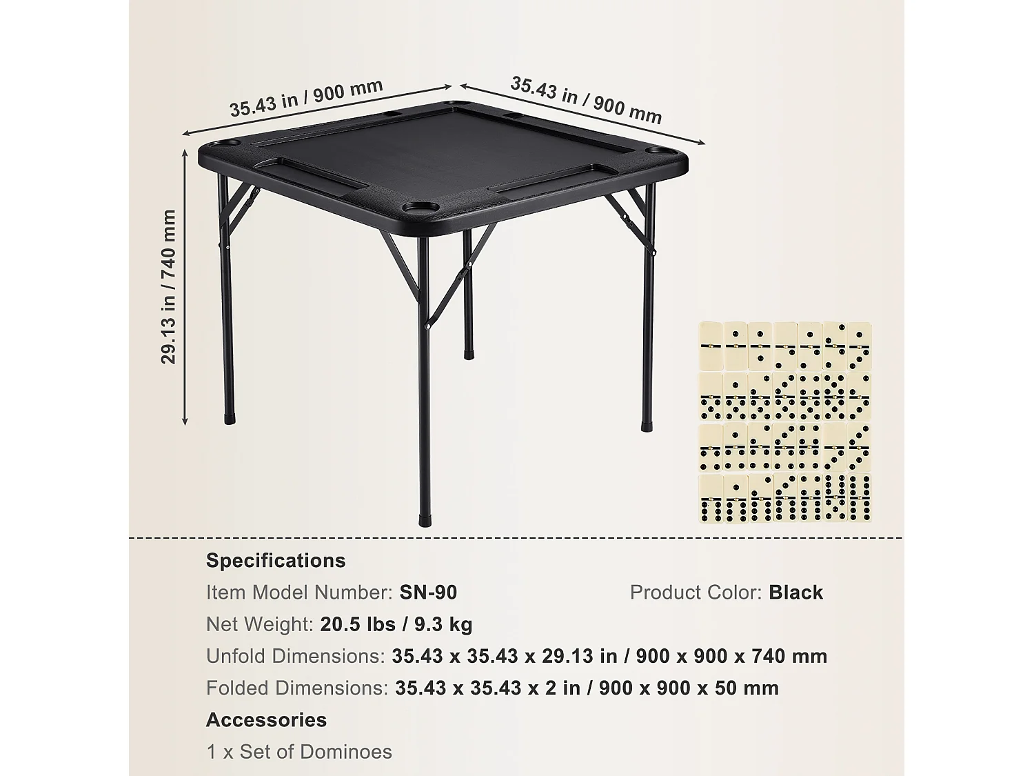 Table de Mahjong Pliable SucceBuy pour 4 Joueurs, Table à Cartes et 4 Porte-Gobelets avec Plateaux à Jetons, Noir