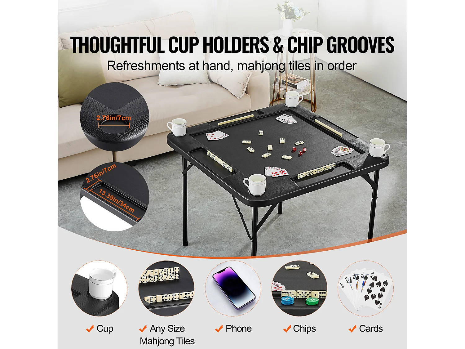 Table de Mahjong Pliable SucceBuy pour 4 Joueurs, Table à Cartes et 4 Porte-Gobelets avec Plateaux à Jetons, Noir