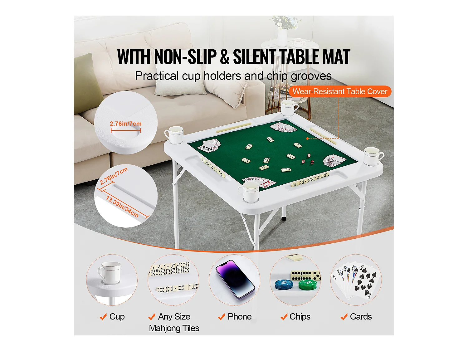 Table de Mahjong SucceBuy pour 4 Joueurs, Table à Cartes Pliable et Tapis de Table, Porte-Gobelet, Plateau à Jetons