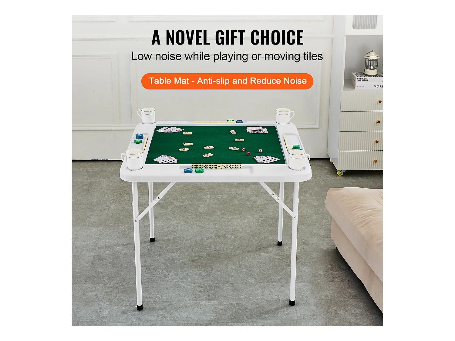 Table de Mahjong SucceBuy pour 4 Joueurs, Table à Cartes Pliable et Tapis de Table, Porte-Gobelet, Plateau à Jetons