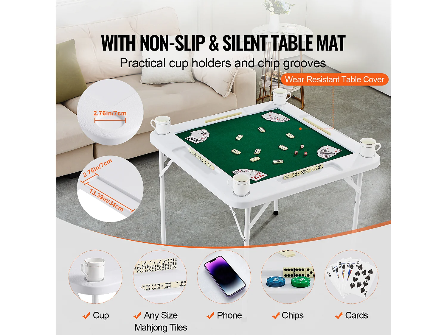 Table de Mahjong SucceBuy pour 4 Joueurs, Table à Cartes Pliable et Tapis de Table, Porte-Gobelet, Plateau à Jetons