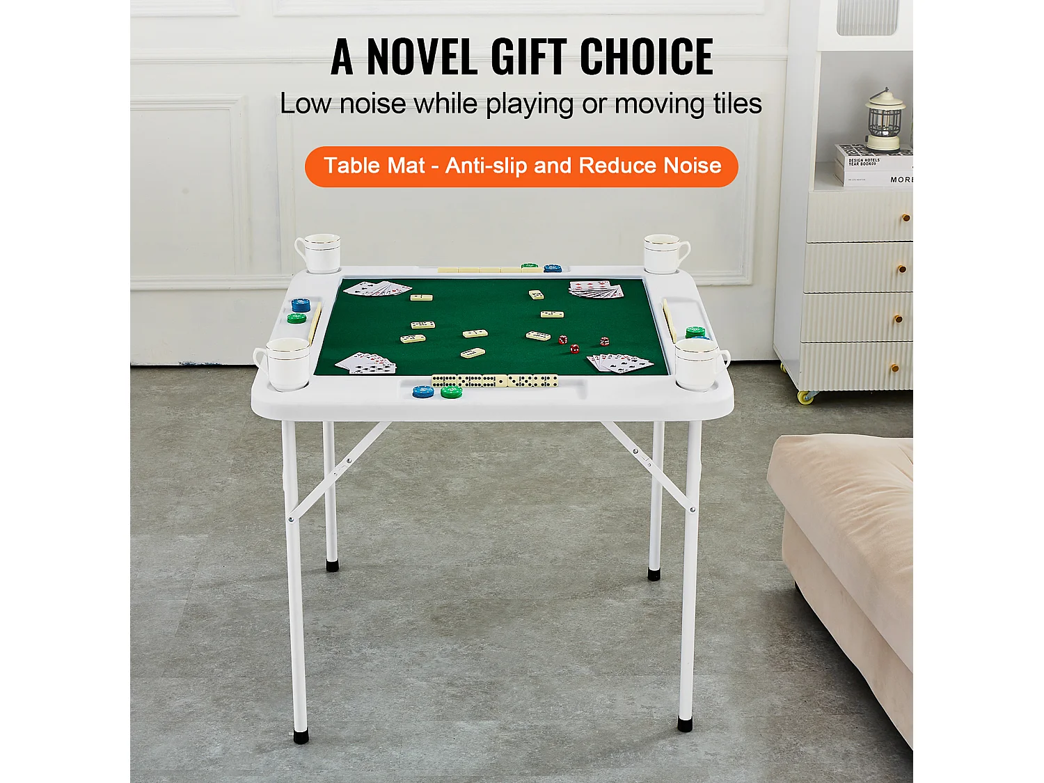 Table de Mahjong SucceBuy pour 4 Joueurs, Table à Cartes Pliable et Tapis de Table, Porte-Gobelet, Plateau à Jetons