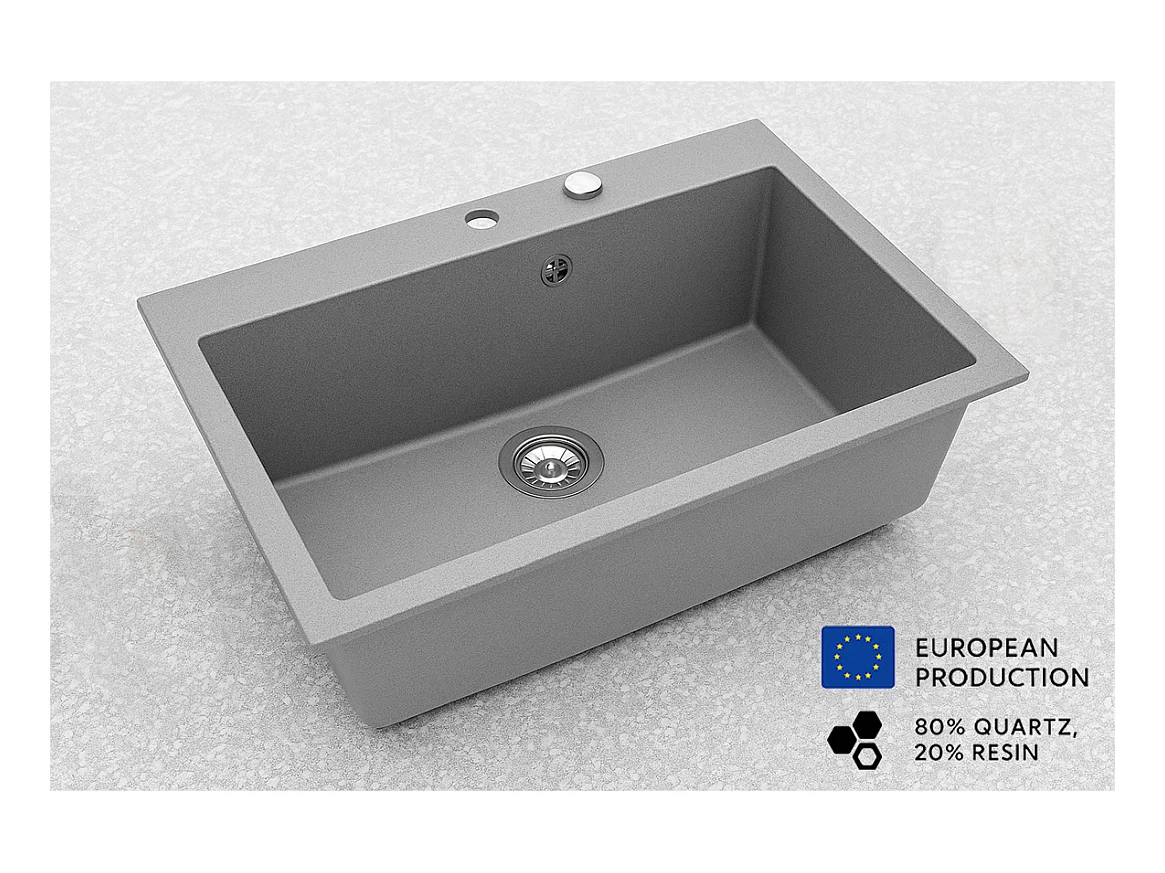 Grand évier ASOIZE GRIS en granit premium - 1 Bac sans égouttoir et vidage inclus
