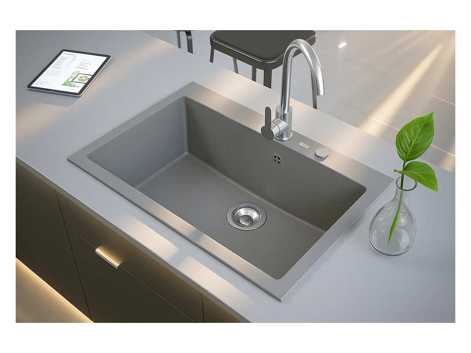 Grand évier ASOIZE GRIS en granit premium - 1 Bac sans égouttoir et vidage inclus
