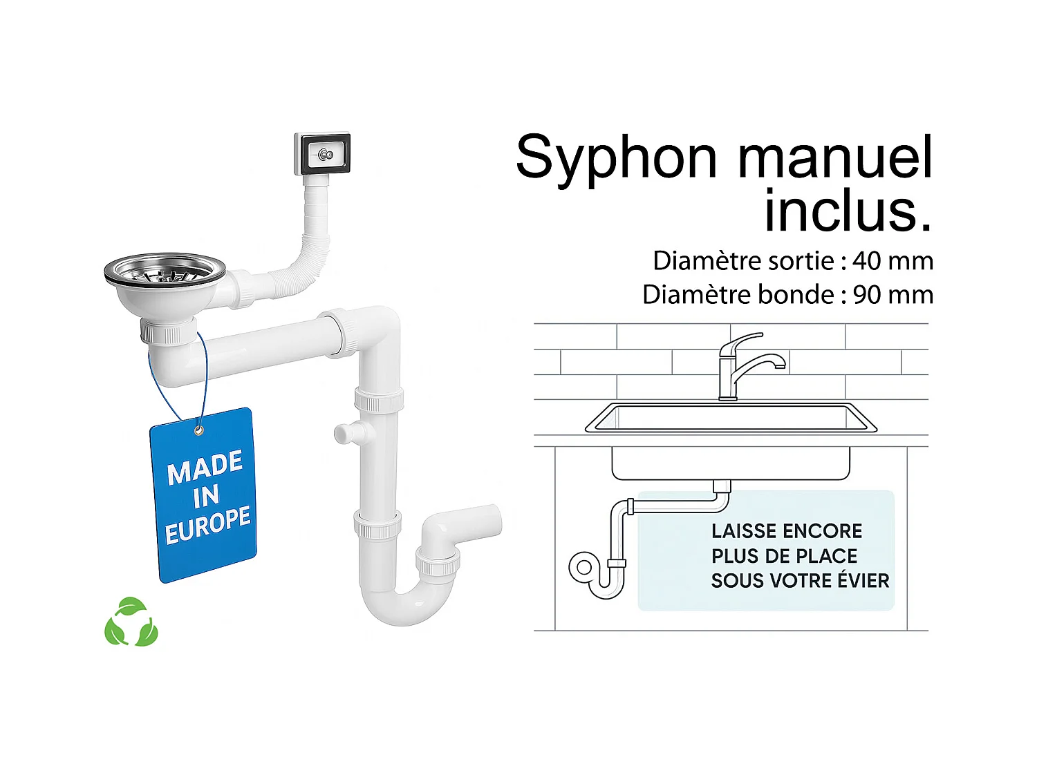 Grand évier ASOIZE GRIS en granit premium - 1 Bac sans égouttoir et vidage inclus