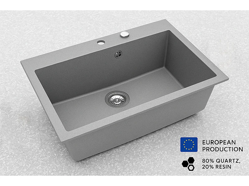 Grand évier ASOIZE GRIS en granit premium - 1 Bac sans égouttoir et vidage inclus
