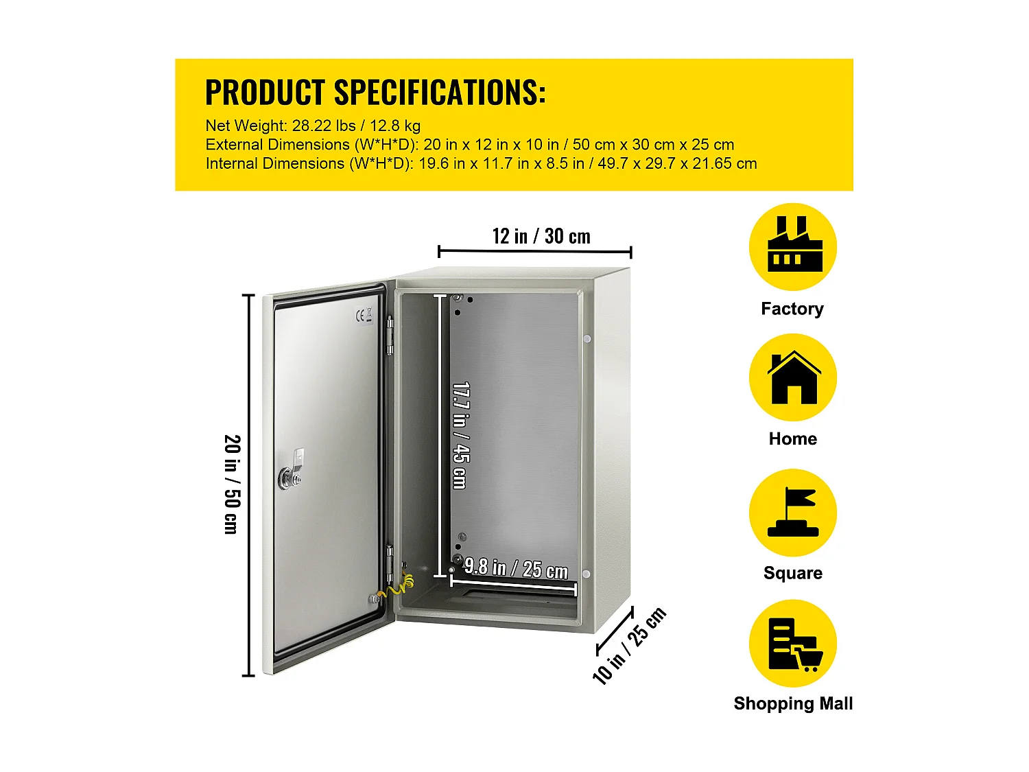 Caixa Elétrica de Aço SucceBuy, 30 x 30 x 20 cm, Caixa de Aço ao Carbono IP65, com Dobradiças Duráveis e Fitas de Vedação