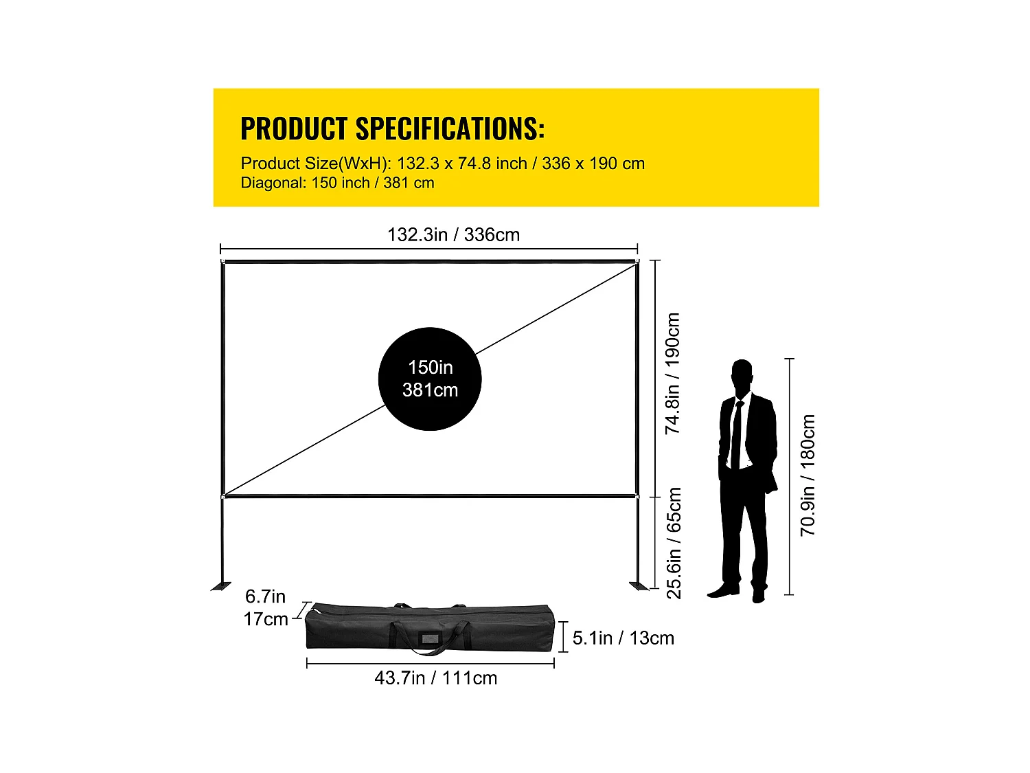 Écran de Cinéma d'Extérieur SucceBuy avec Support - 381cm, 16:9 HD 4K Portable pour l'Intérieur et l'Extérieur Cinéma à Domicile Jeux Bureau