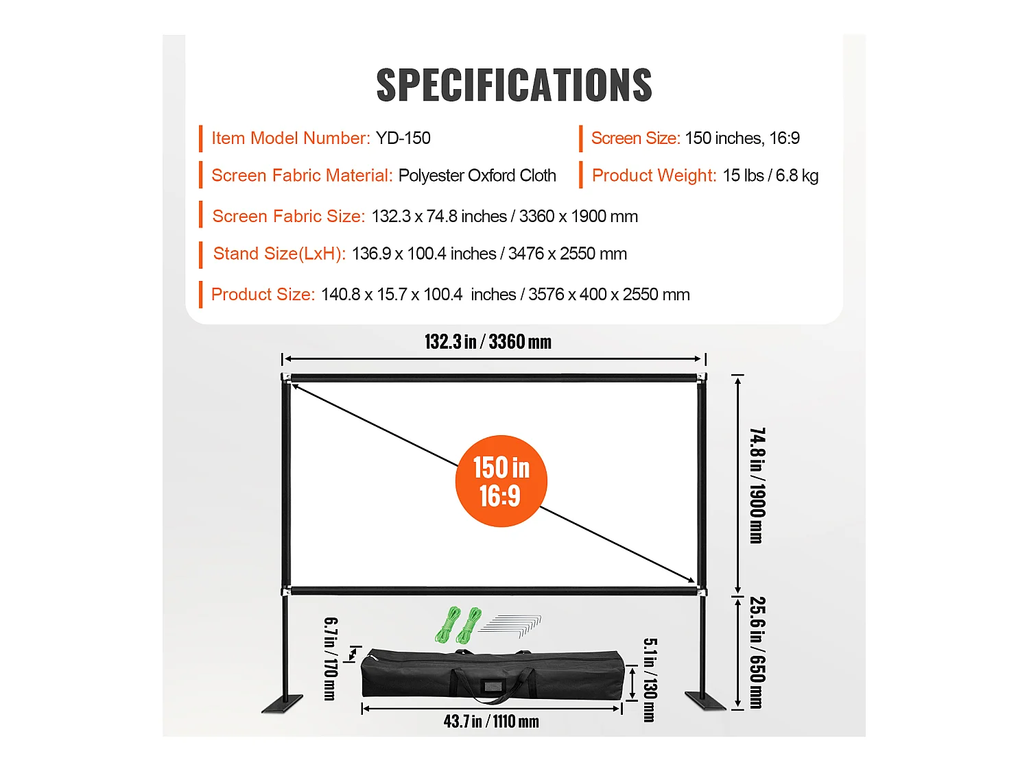 Écran de Cinéma d'Extérieur SucceBuy avec Support - 381cm, 16:9 HD 4K Portable pour l'Intérieur et l'Extérieur Cinéma à Domicile Jeux Bureau