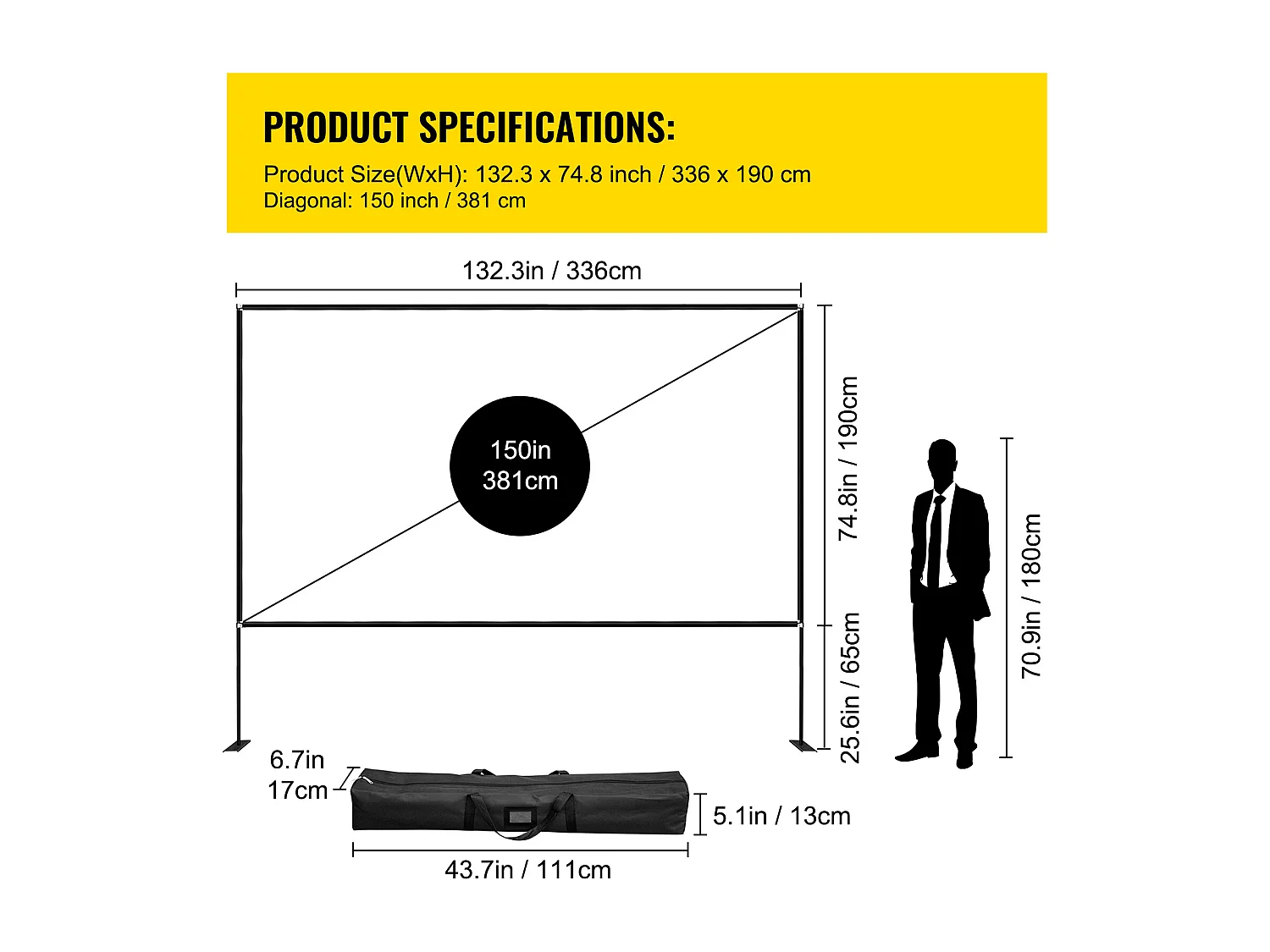 Écran de Cinéma d'Extérieur SucceBuy avec Support - 381cm, 16:9 HD 4K Portable pour l'Intérieur et l'Extérieur Cinéma à Domicile Jeux Bureau