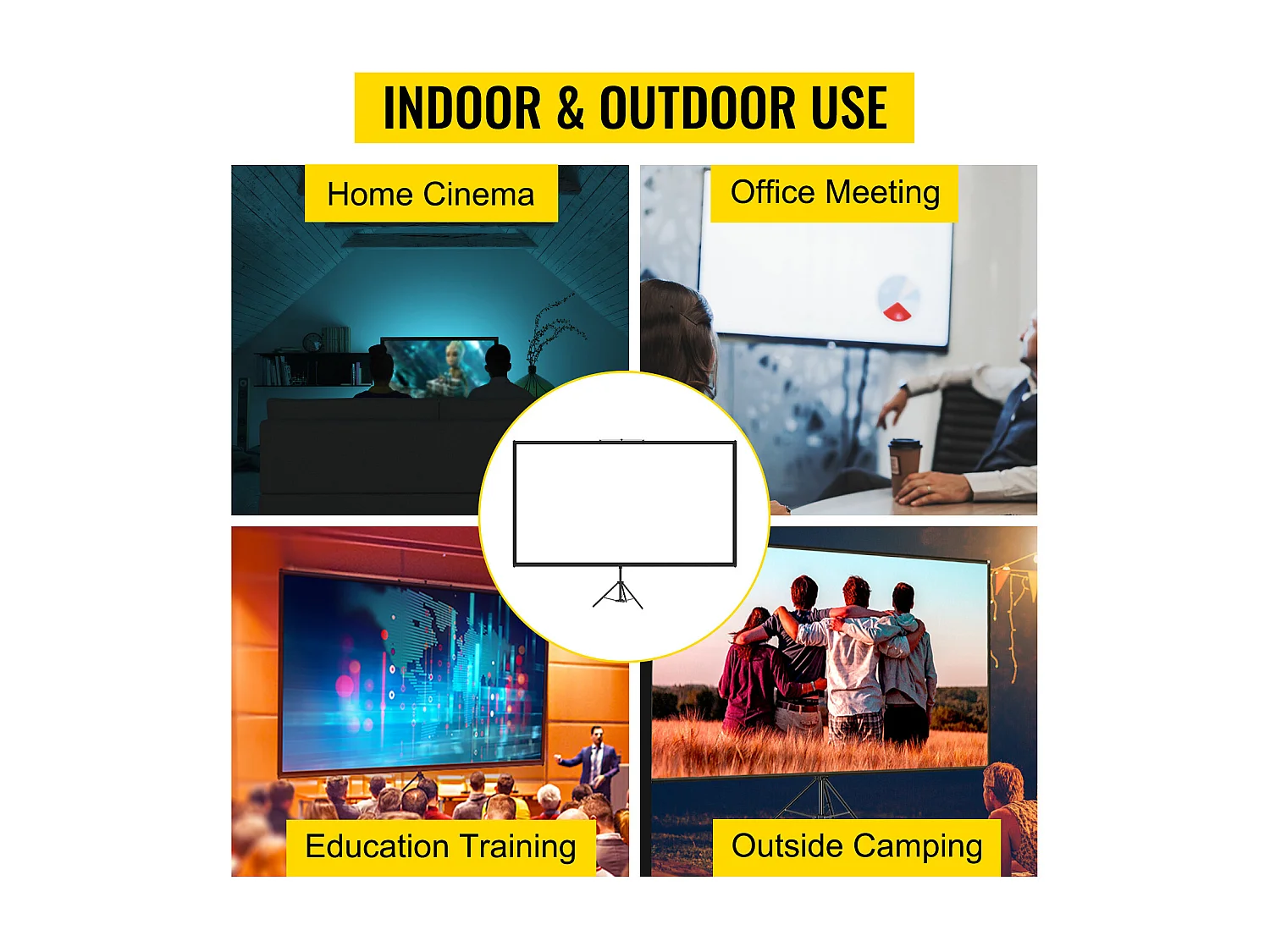 Écran de Projection SucceBuy sur Trépied avec Support 152.4cm 4K HD 16:9 Portable pour l'Intérieur et l'Extérieur Cinéma à Domicile Jeux Bureau