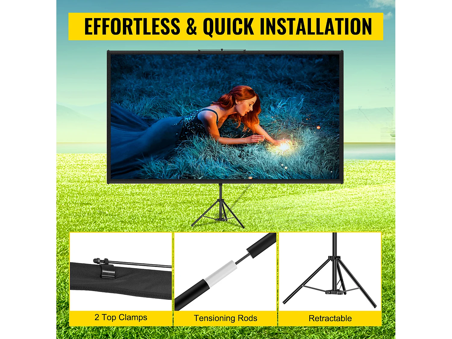 Écran de Projection SucceBuy sur Trépied avec Support 152.4cm 4K HD 16:9 Portable pour l'Intérieur et l'Extérieur Cinéma à Domicile Jeux Bureau