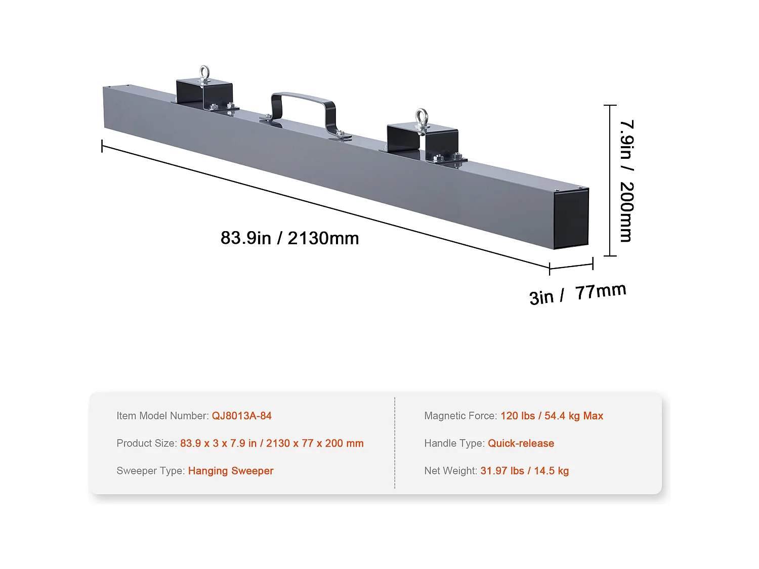 Balayeuse Magnétique, SucceBuy Balayeuse Magnétique de 213 cm, Capacité de Levage de 54,4 kg, Accessoire pour Chariot Élévateur, Utilisation Extérieure