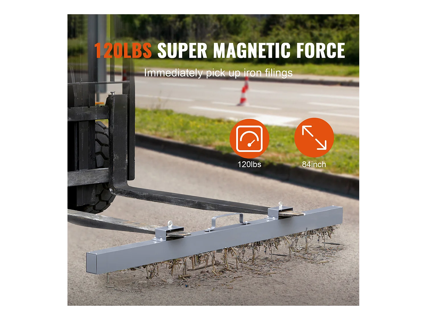 Balayeuse Magnétique, SucceBuy Balayeuse Magnétique de 213 cm, Capacité de Levage de 54,4 kg, Accessoire pour Chariot Élévateur, Utilisation Extérieure