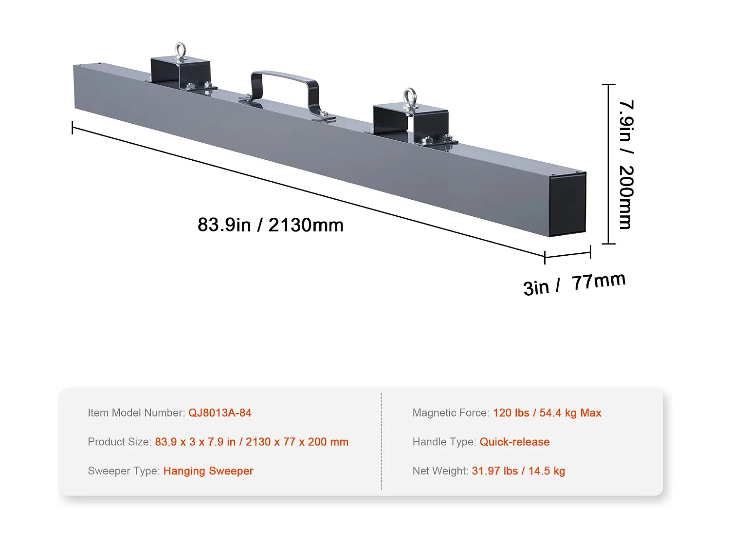 Balayeuse Magnétique, SucceBuy Balayeuse Magnétique de 213 cm, Capacité de Levage de 54,4 kg, Accessoire pour Chariot Élévateur, Utilisation Extérieure