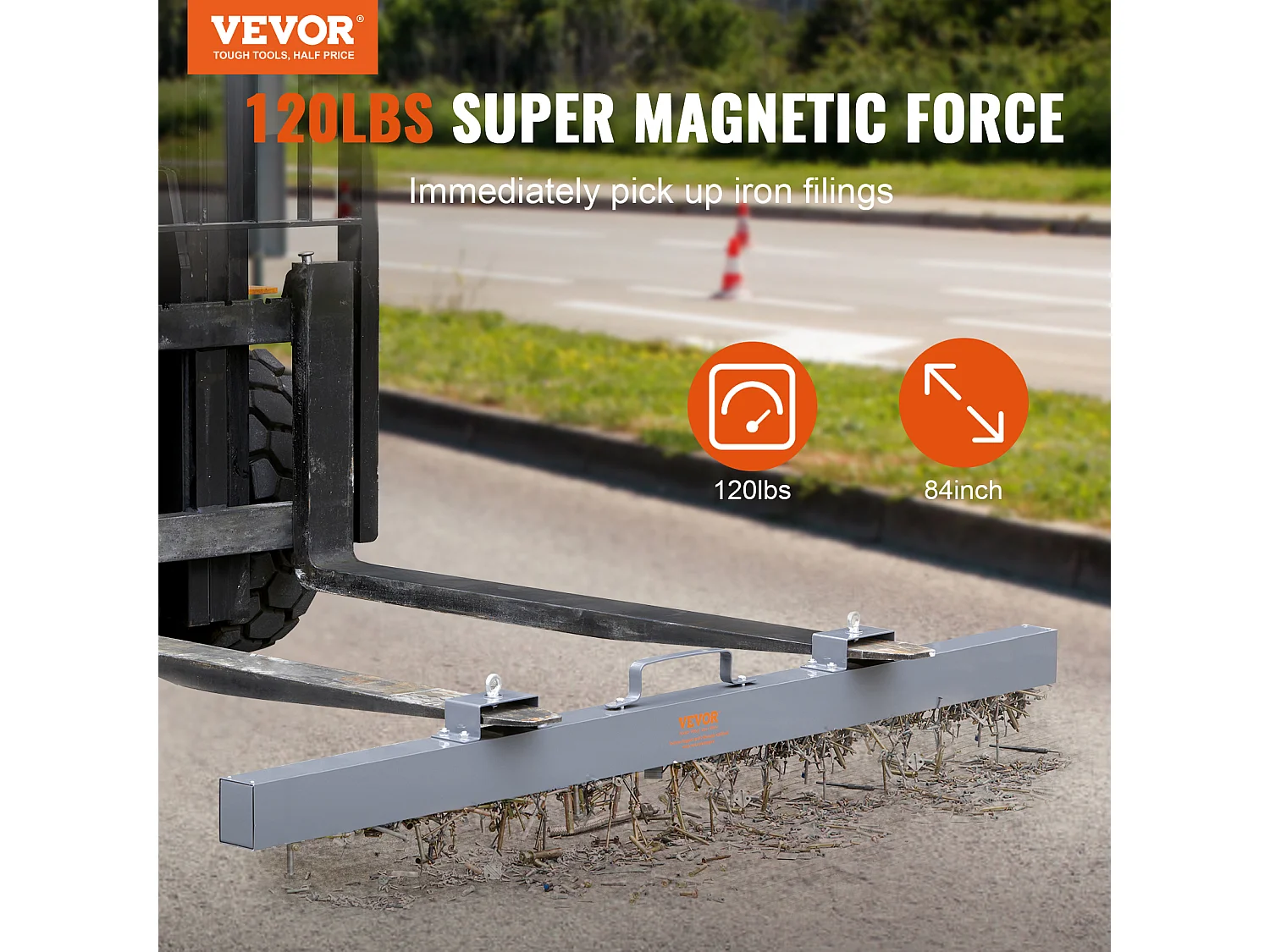 Balayeuse Magnétique, SucceBuy Balayeuse Magnétique de 213 cm, Capacité de Levage de 54,4 kg, Accessoire pour Chariot Élévateur, Utilisation Extérieure