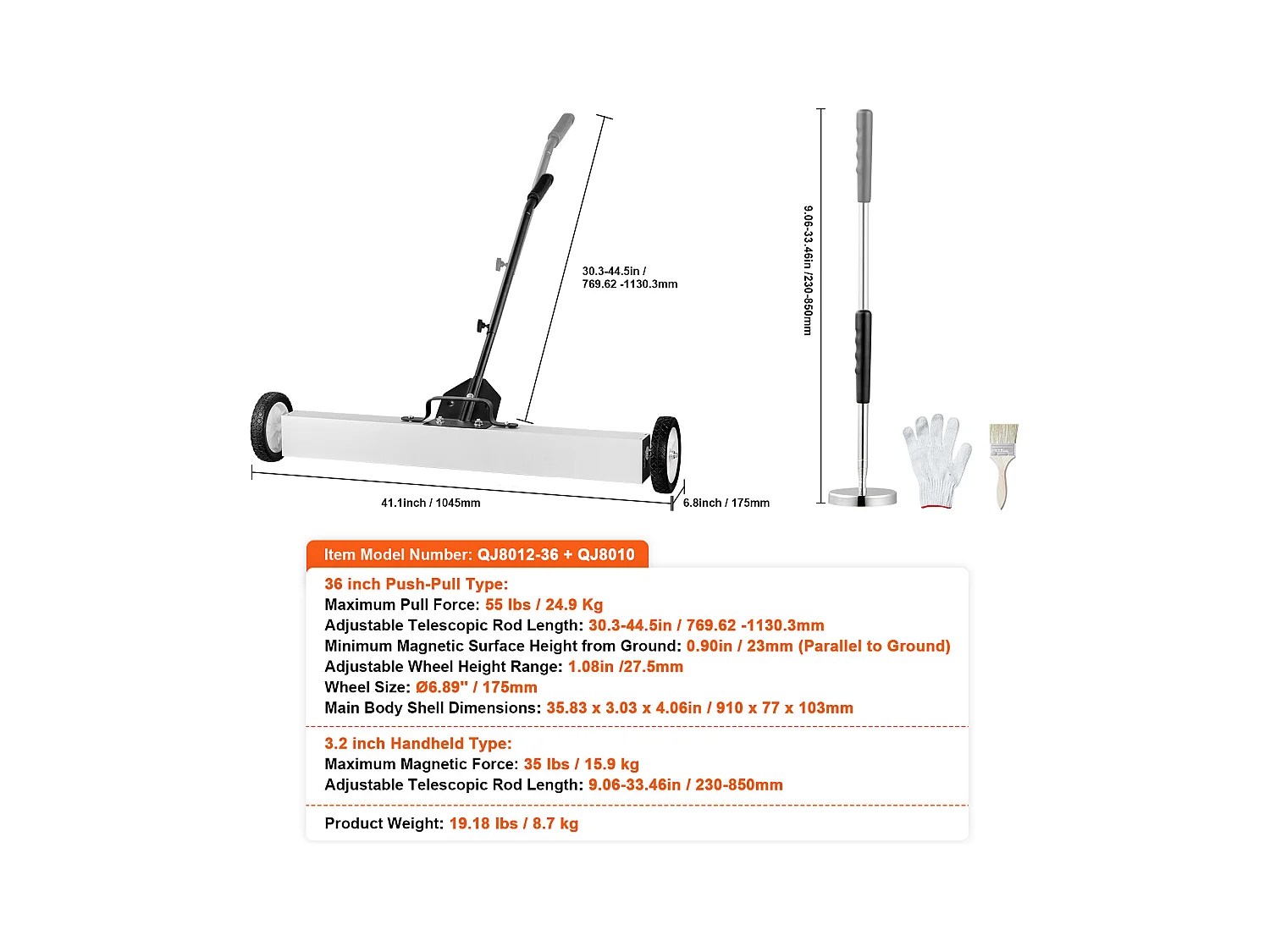 Balayeuse Magnétique, SucceBuy Balayeuse Magnétique de 91 cm avec Roues, Outil de Ramassage Télescopique