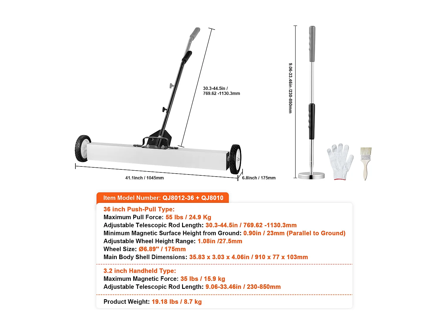 Balayeuse Magnétique, SucceBuy Balayeuse Magnétique de 91 cm avec Roues, Outil de Ramassage Télescopique