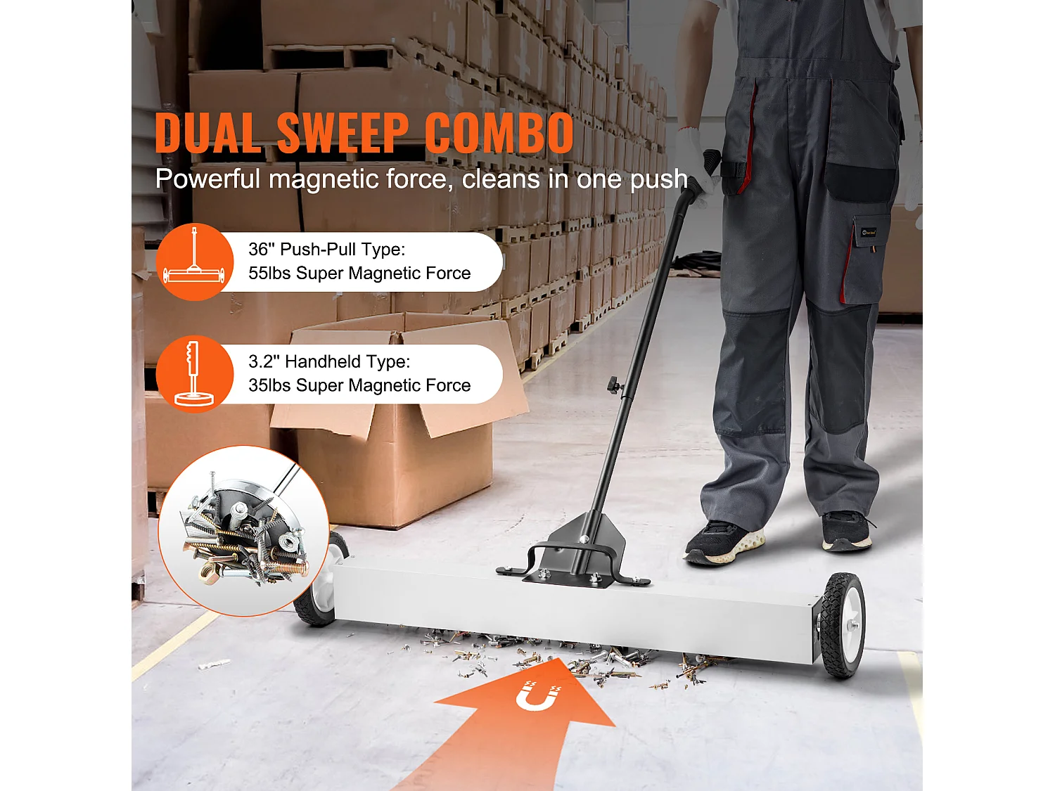 Balayeuse Magnétique, SucceBuy Balayeuse Magnétique de 91 cm avec Roues, Outil de Ramassage Télescopique