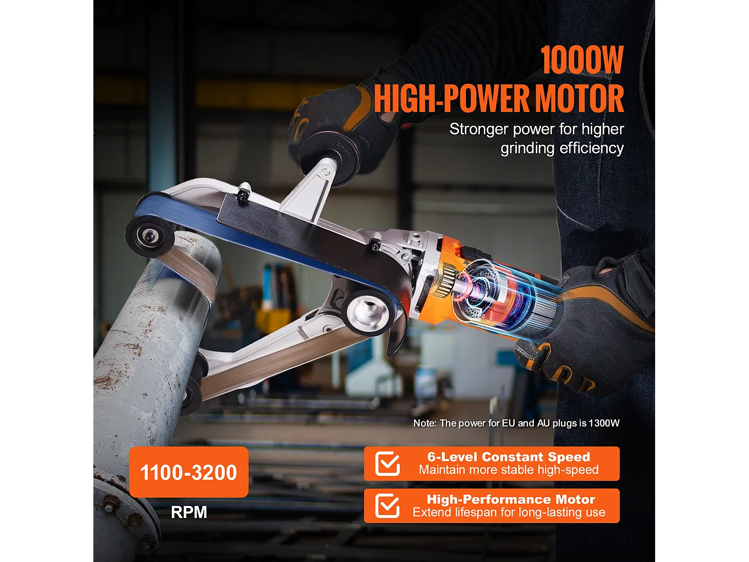Bändernetzschleifer für Rohre und Leitungen SucceBuy, 1300 W, 6 Geschwindigkeiten, Enthält 50 Schleifbänder
