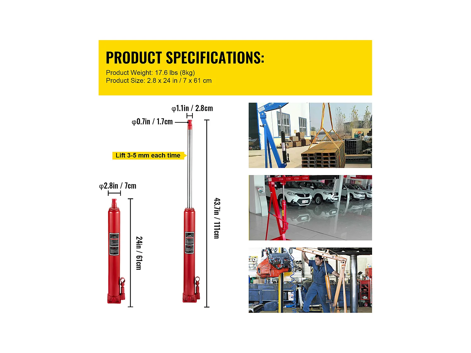 Martinetto Idraulico SucceBuy Martinetto Idraulico a Cilindro Lungo da 4 Tonnellate, Piattaforme Manuali a Pompa Singola per Sollevamento Motore
