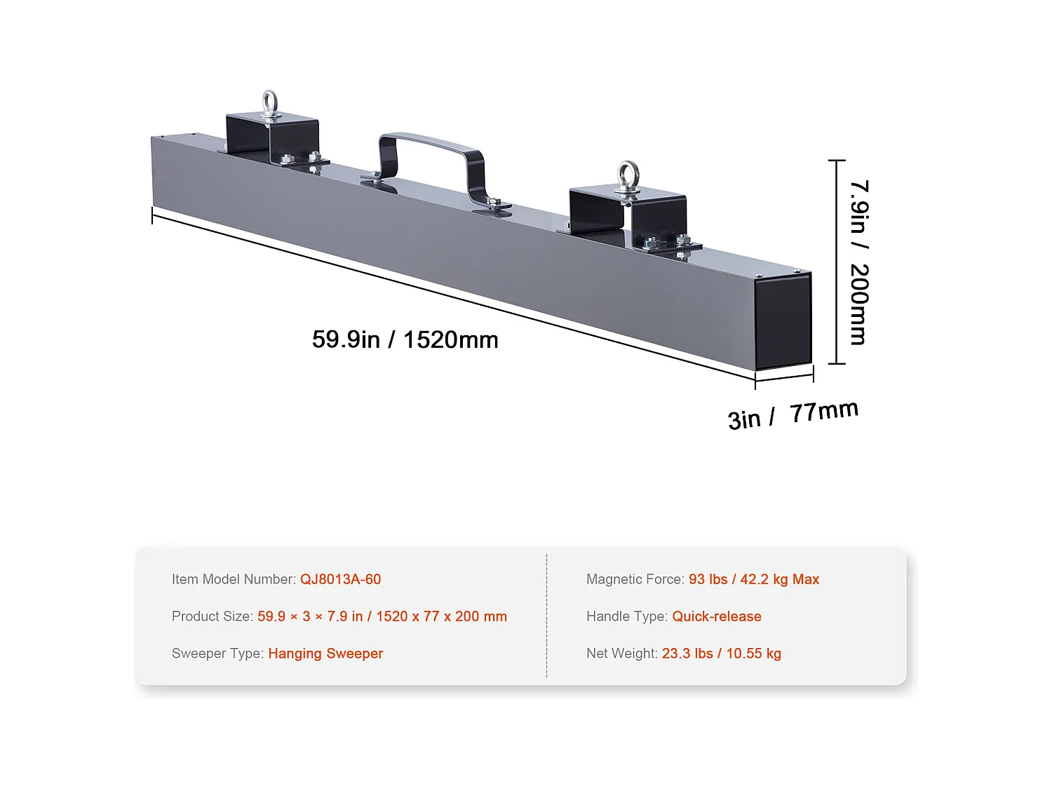 Magnetkehrmaschine, SucceBuy 152 cm Hänge-Magnetkehrwerkzeug, 42,2 kg Hebemagnet für Gabelstapler