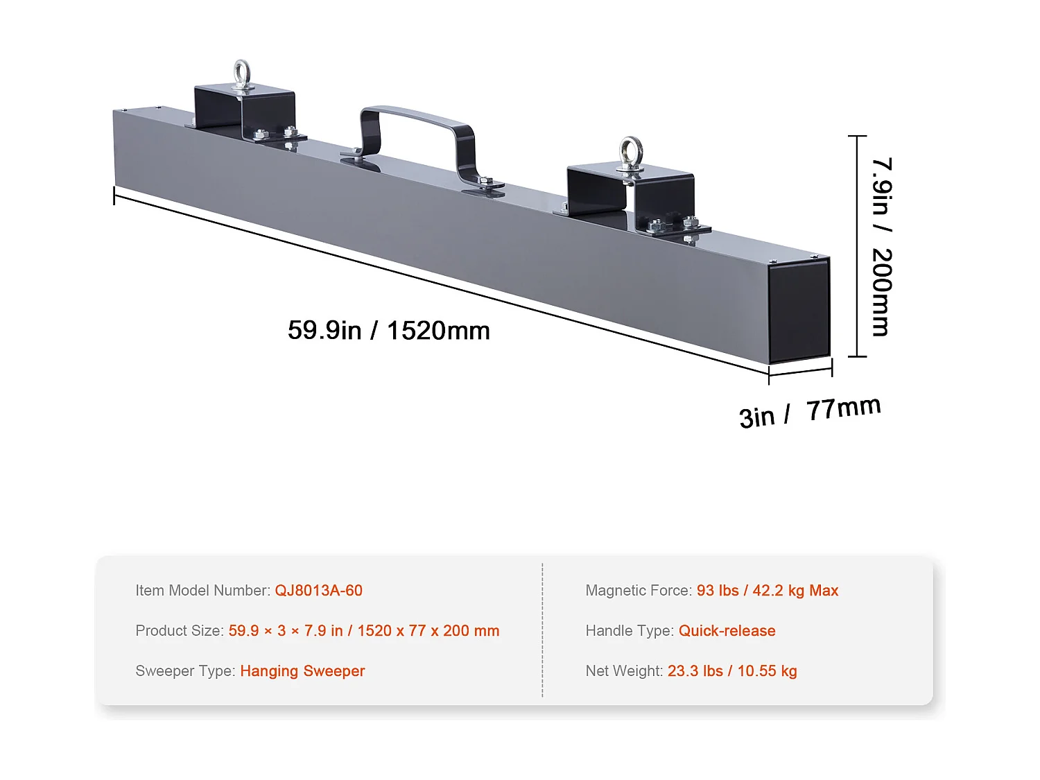 Balayeuse Magnétique, SucceBuy Outil de Balayage Magnétique Suspendu de 152 cm, Aimant de Levage de 42,2 kg pour Chariots Élévateurs