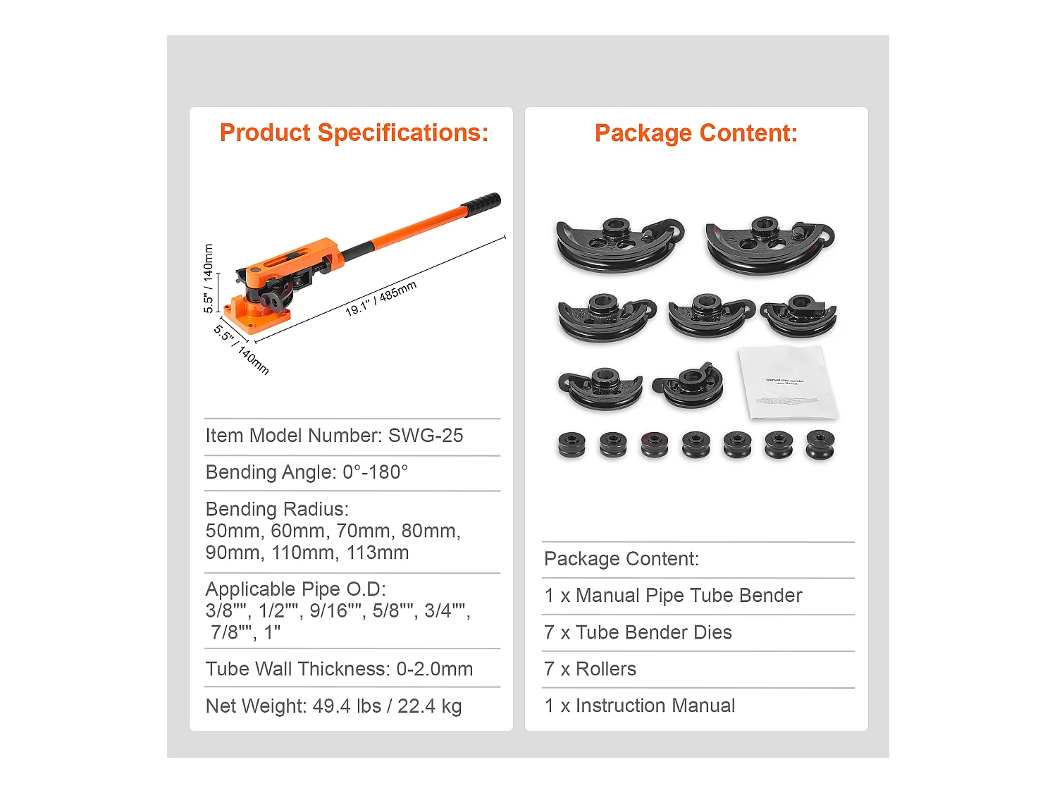 Cintreuse Manuelle de Tubes SucceBuy, 10-25mm, de Diamètre Extérieur avec 7 Matrices 180°, pour CVC, AC, Réfrigérateur, Réparation Automobile