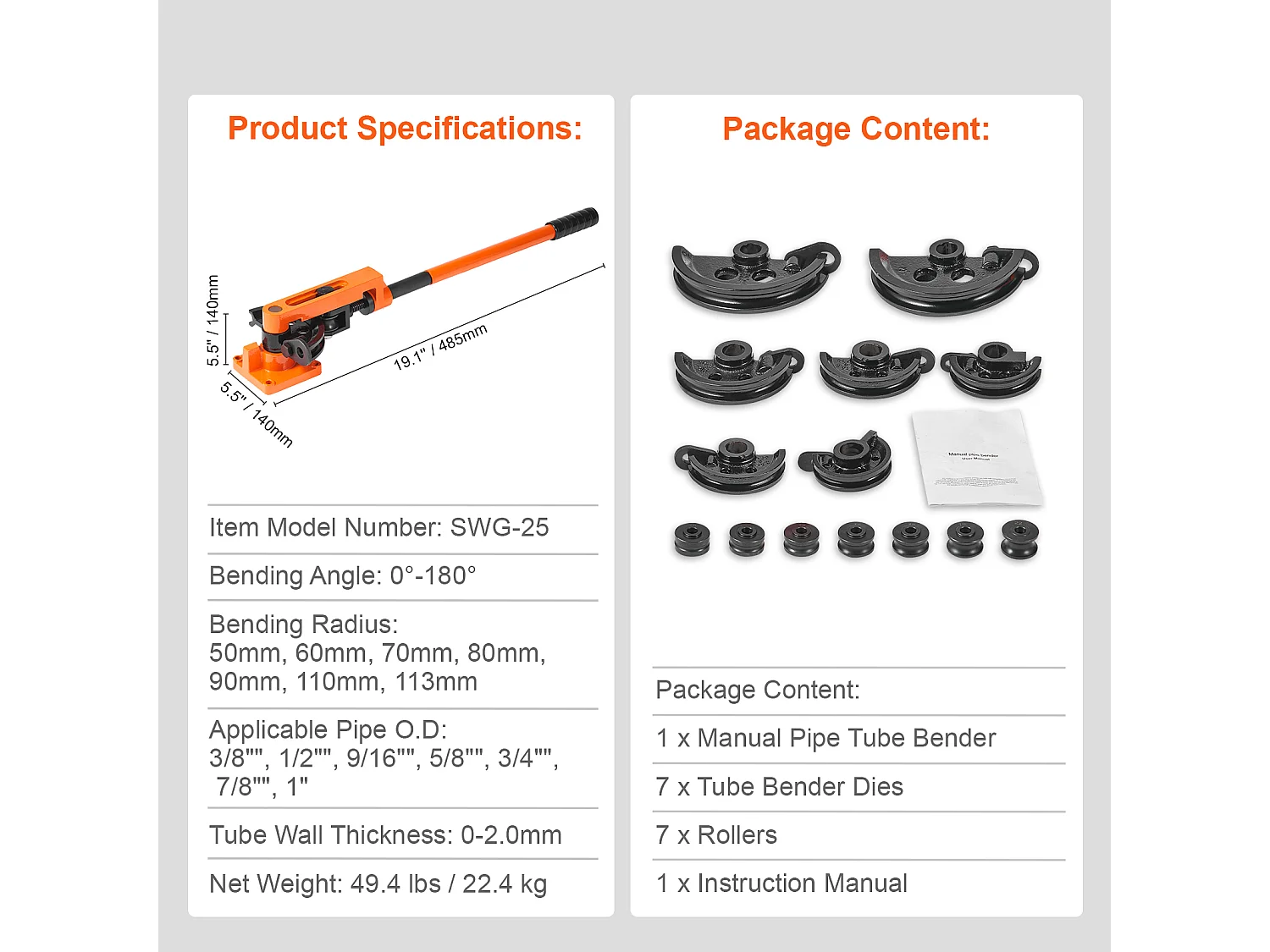 Cintreuse Manuelle de Tubes SucceBuy, 10-25mm, de Diamètre Extérieur avec 7 Matrices 180°, pour CVC, AC, Réfrigérateur, Réparation Automobile