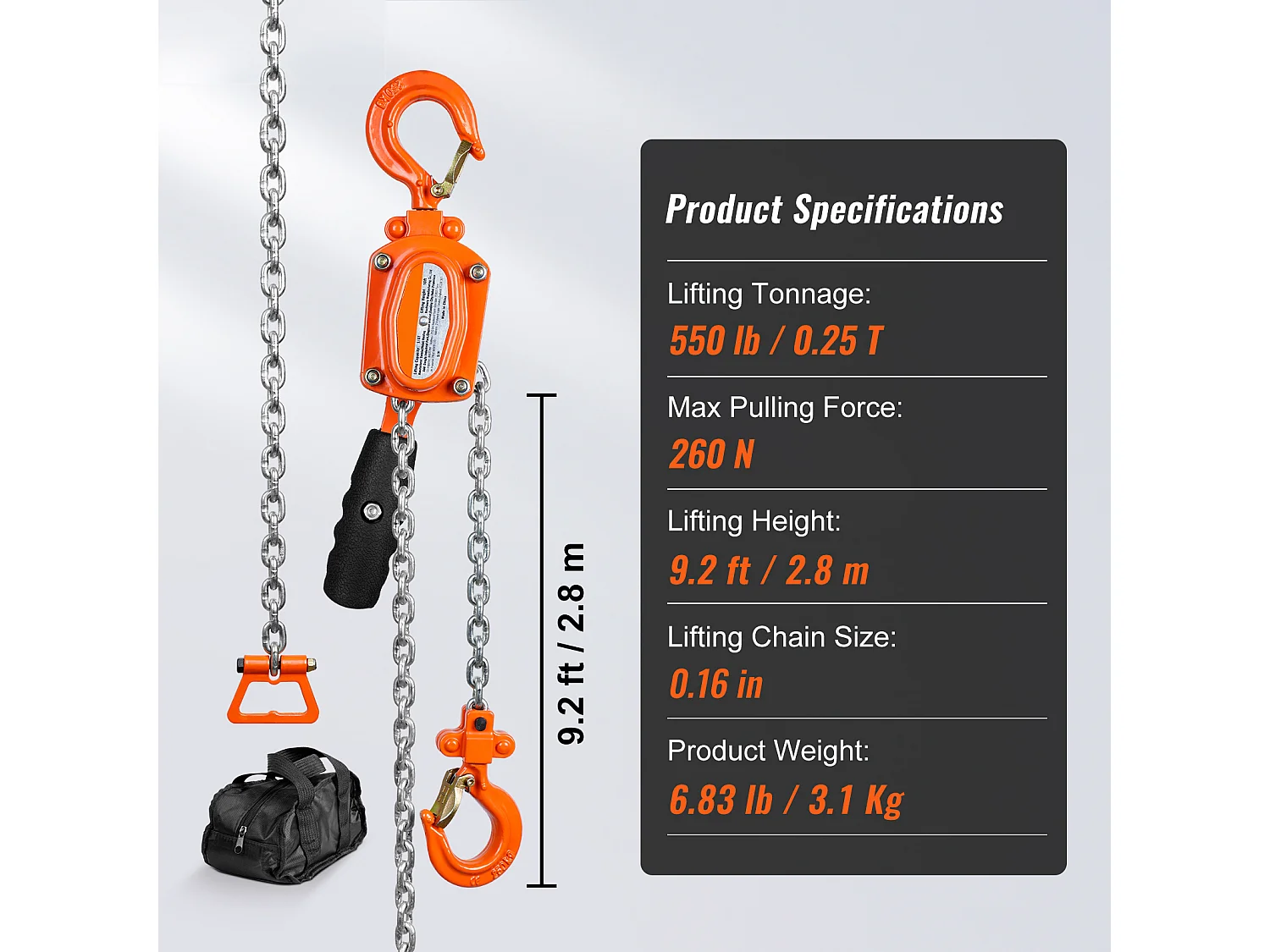 Argano, SucceBuy Paranco a Catena con Lever, Cricchetto G80, Capacità 0,25 Tn, Sollevamento 2,8 m