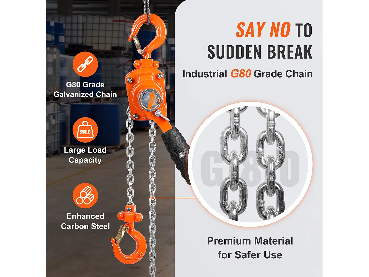 Argano, SucceBuy Paranco a Catena con Lever, Cricchetto G80, Capacità 0,25 Tn, Sollevamento 2,8 m