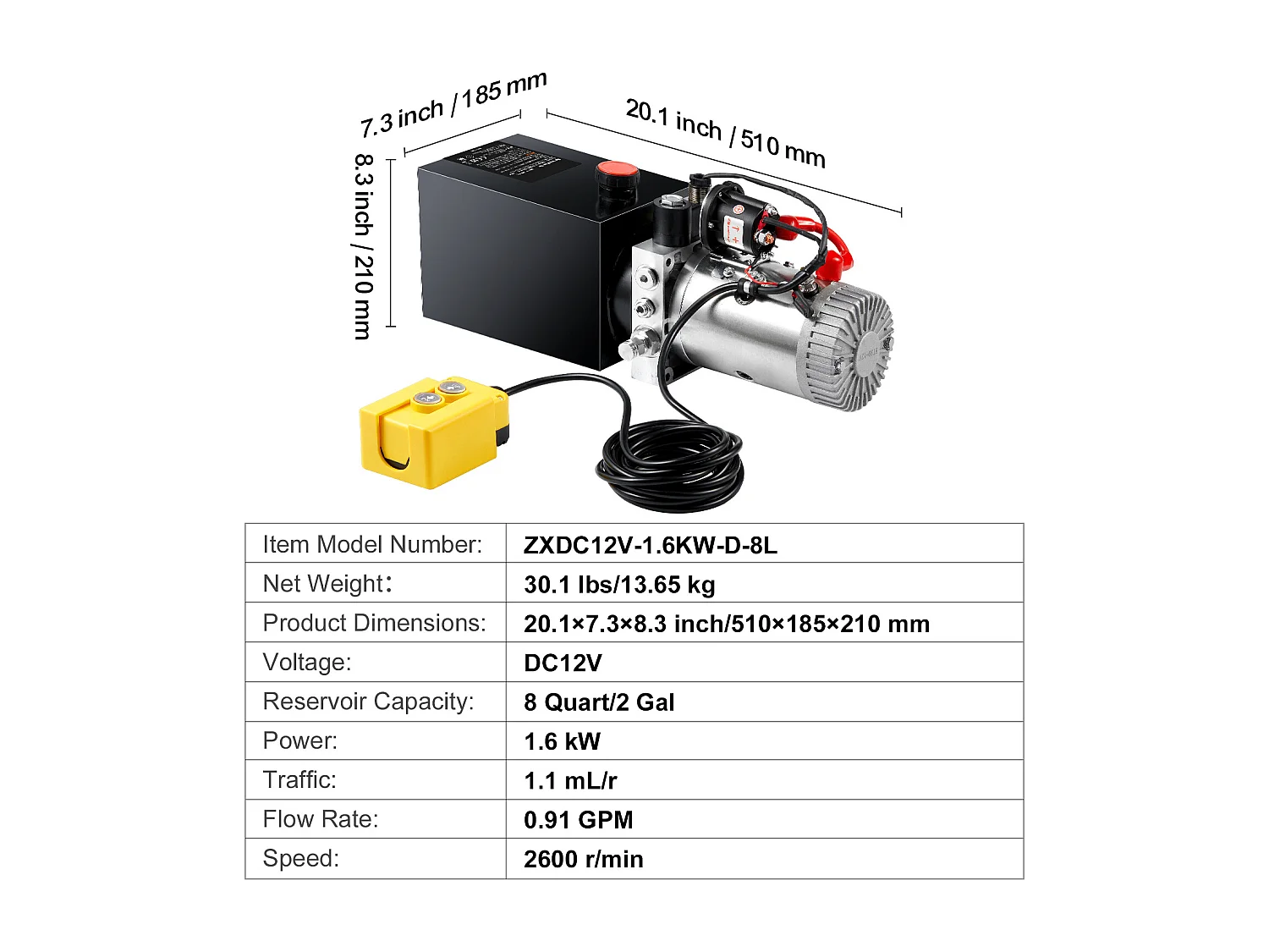 Pompe Hydraulique SucceBuy Pompe Hydraulique 8.8 L Simple Effet DC 12 Volts pour Remorque à Benne Basculante
