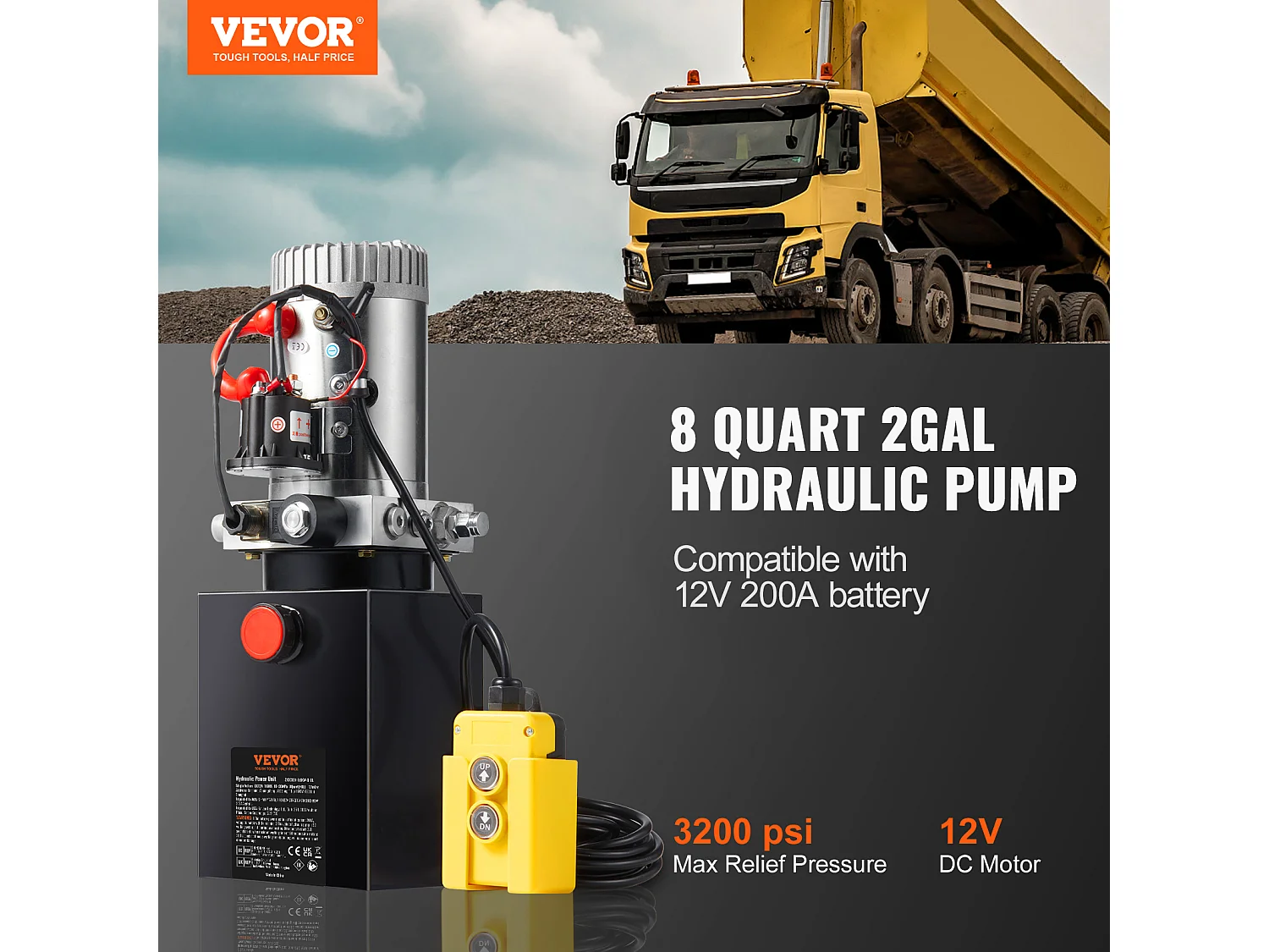 Pompe Hydraulique SucceBuy Pompe Hydraulique 8.8 L Simple Effet DC 12 Volts pour Remorque à Benne Basculante