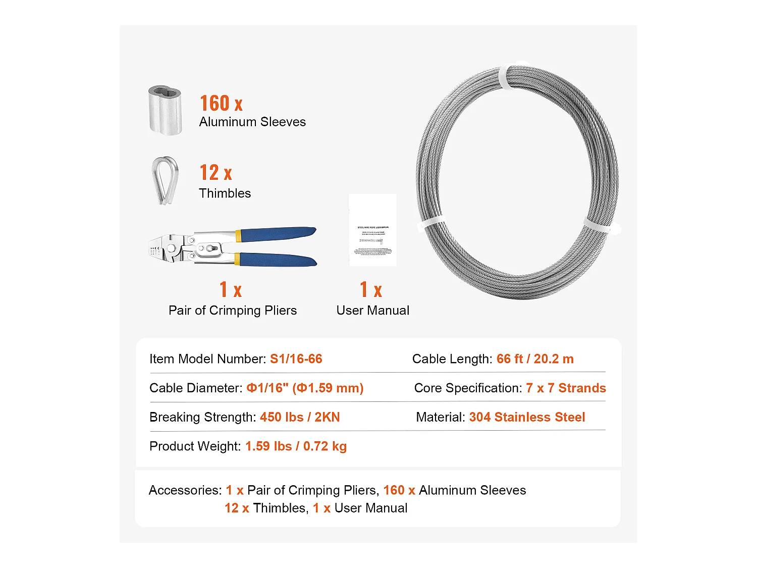 Edelstahlseil T304 SucceBuy, Durchmesser 1,59 mm, Länge 20,2 m, 7x7, Geländerseil