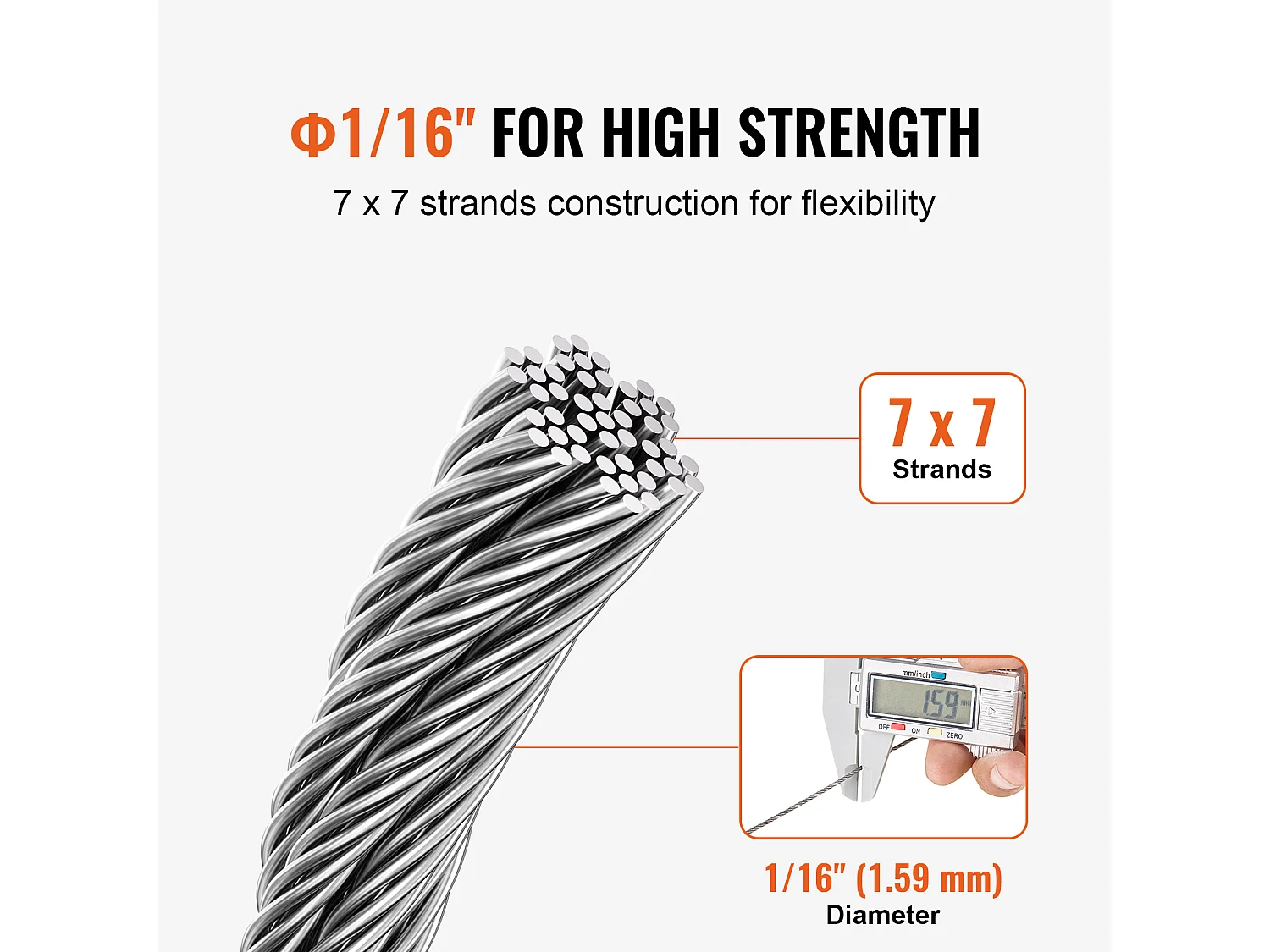 Edelstahlseil T304 SucceBuy, Durchmesser 1,59 mm, Länge 20,2 m, 7x7, Geländerseil