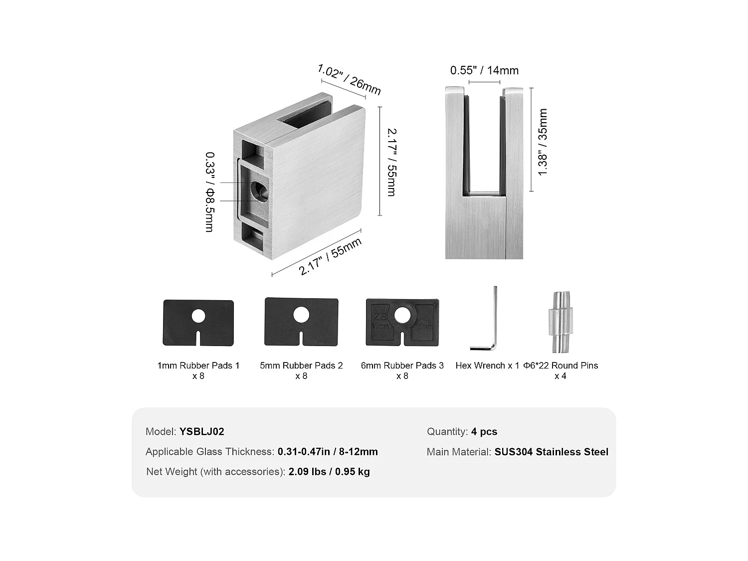 Glasklemme, SucceBuy 4er-Pack Quadratische Glasklemmen-Geländerhalterungen für 0,8–1,2 cm Glas, Silber